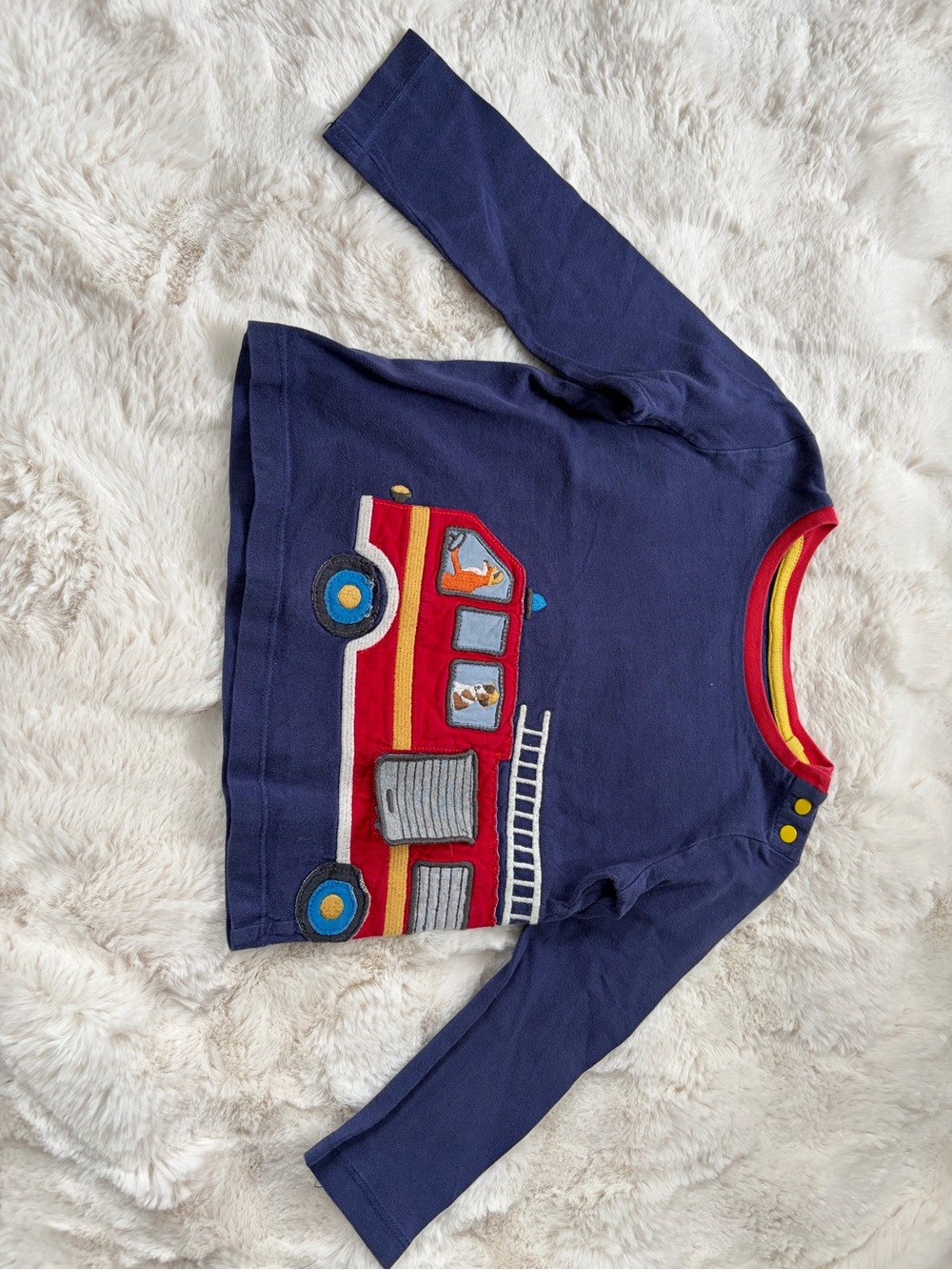 Baby Boden Navy Long-Sleeve Tee with Red Fire Truck Applique